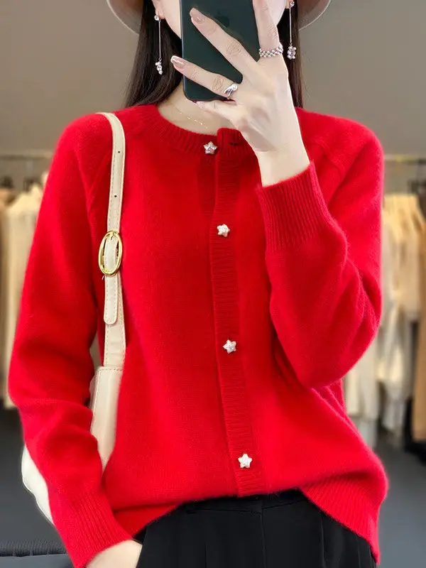 Women's Sweater Cardigan Women's Single Breasted Long Sleeved Elegant Retro Solid Color Wool Knit Autumn Sportswear A153