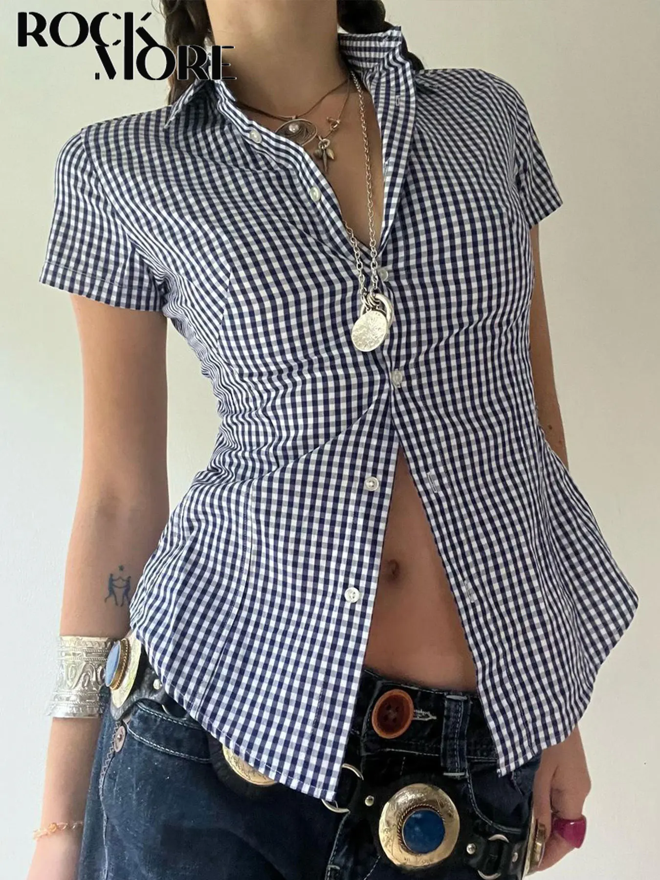 

Rockmoer Fashion Blue Plaid Skinny Slim Blouses Office Ladies Y2K Aesthetic Vintage Buttons Up Shirts Women Korean Casual Tops