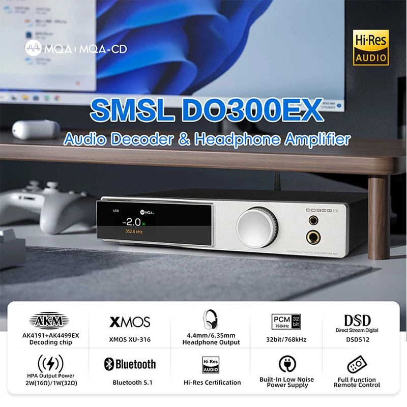 SMSL DO300EX AK4191 + AK4499EX MQA MQA-CD 디코더 헤드폰 앰프, 리모컨 포함, BT5.1, 4.4mm, 6.35mm 출력, DSD512, 32 비트, 768kHz