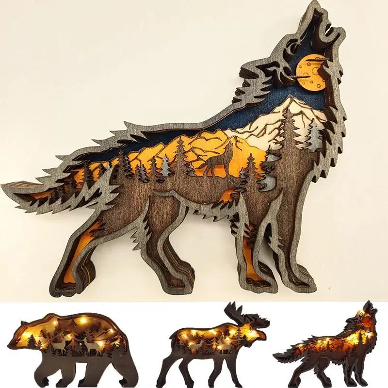 Christmas Wooden Decoration Animal Wolf Statue Miniature Wolf Totem Ornament Office Accessories Forest Ornament Animal Figurines