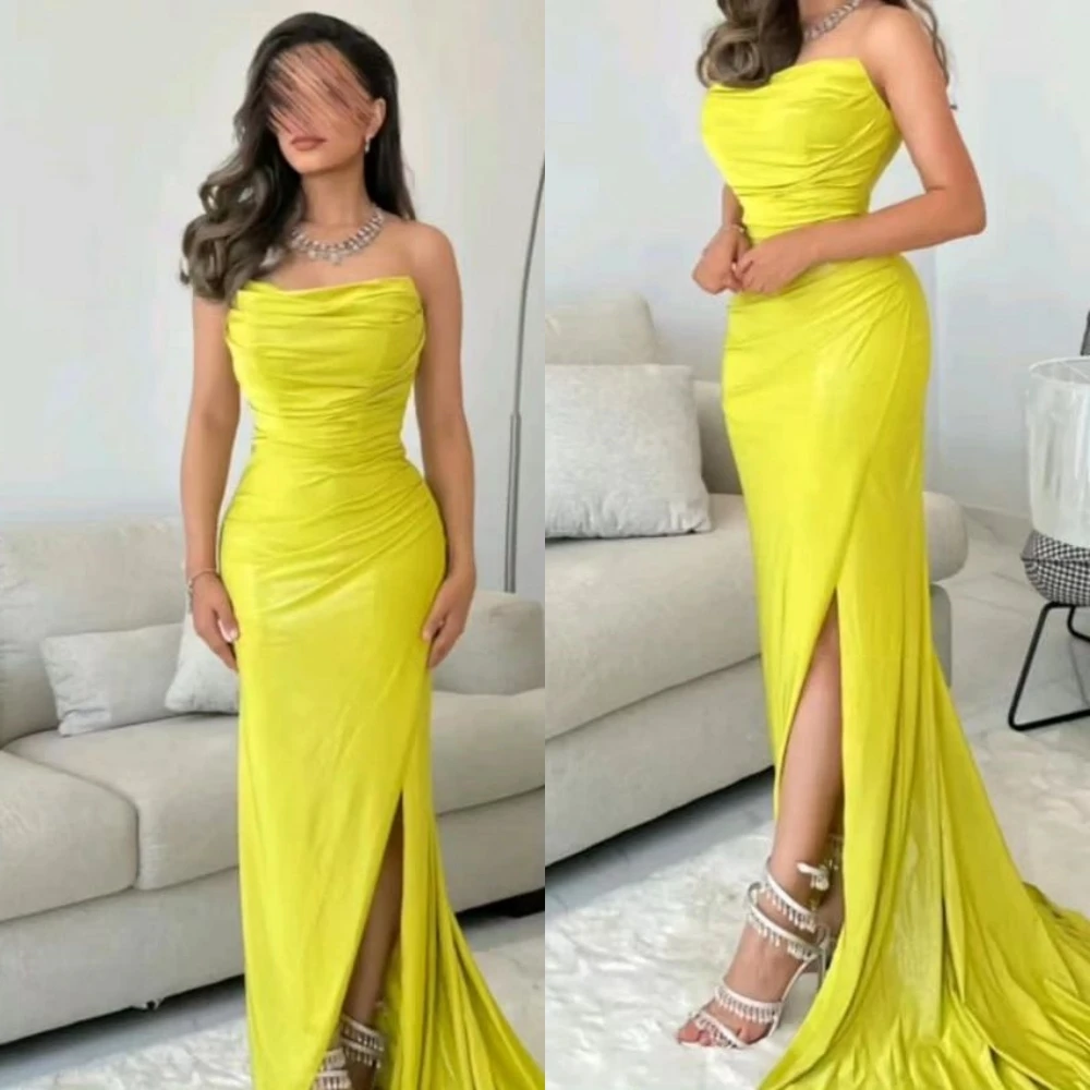 

Simple High Quality Strapless A-line Sweep/Brush es Formal Ocassion Gown Hugging Satin vestidos de fiesta para mujer