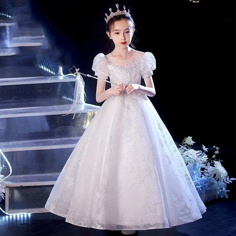 Children Clothes Girl Wedding Dress 2023 New Puff Sleeve Princess Banquet Dresses Birthday Evening Sequins Ball Gown for Kids