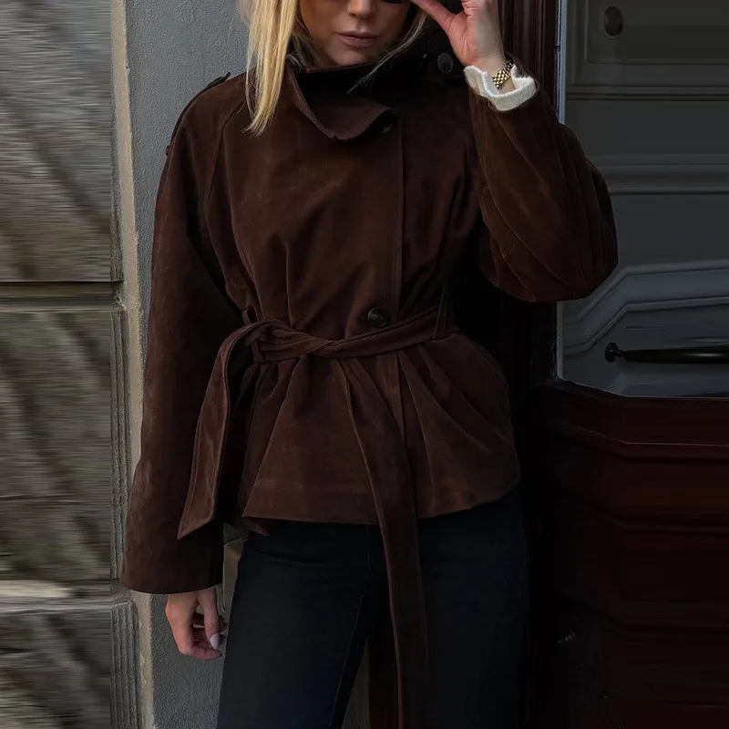 Damen Wildlederjacken mit Rollkragen, seitlicher Knopfleiste, langen Ärmeln und Gürtel – Herbst Streetwear mit Epauletten, einfarbig, locker geschnitten, neu – Detail 10