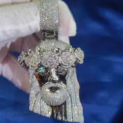 Iced Jesus Head Necklace Pendant Hip Hop Zircon Gemstone Men's Charm Christian Jesus Facial Personalized Pendant Accessory