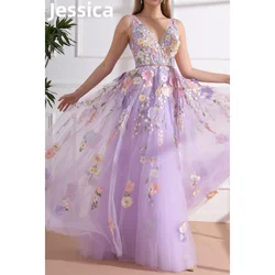 Jessica Purple 3D Flowers Prom Dress V-neck Tulle Princess Evening Dresses Graduation Special Occasion Wedding Party Dresses