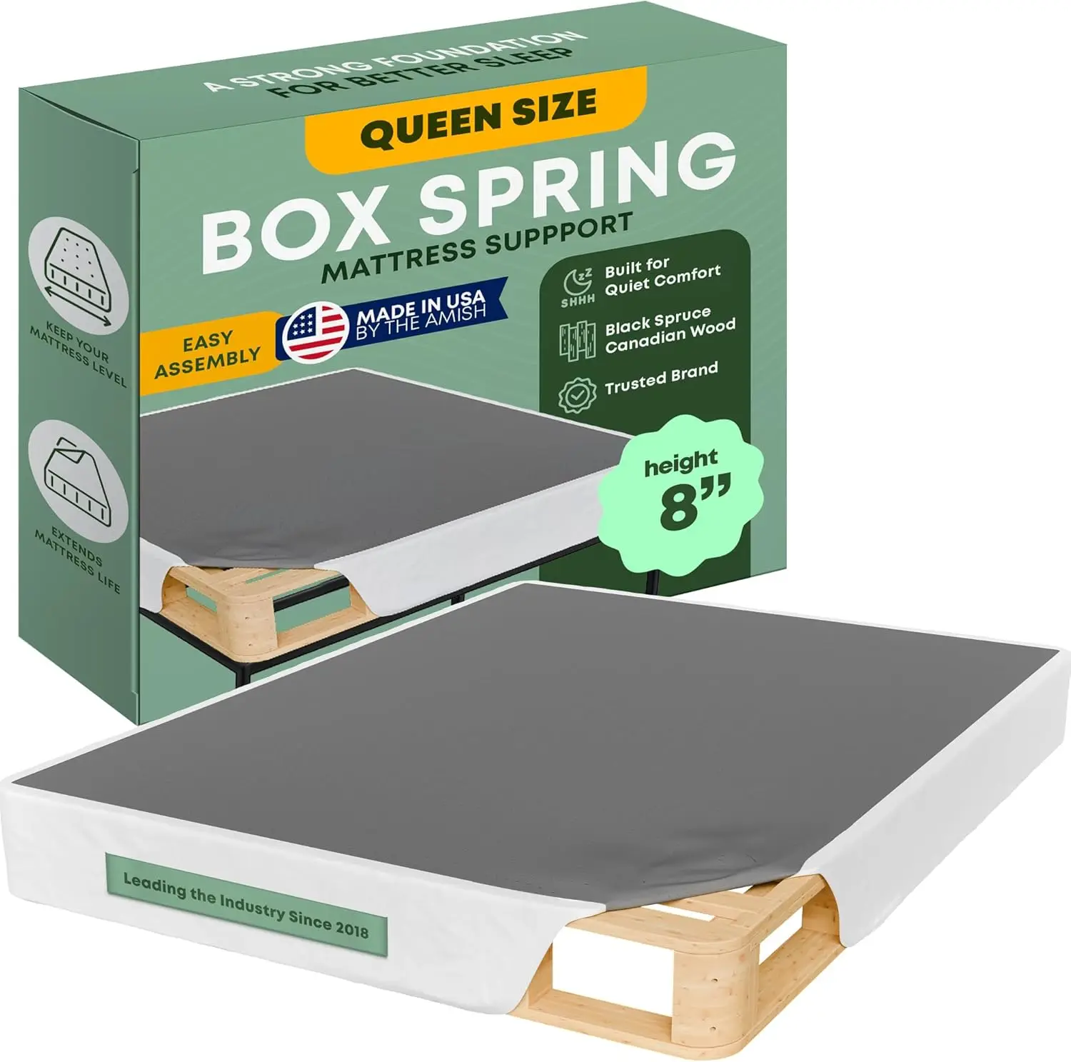 Queen Bed Application, Solid Wood Material, White Color, Amish-Made, Stable & Quiet Support, Flat-Packed & Easy Assembly