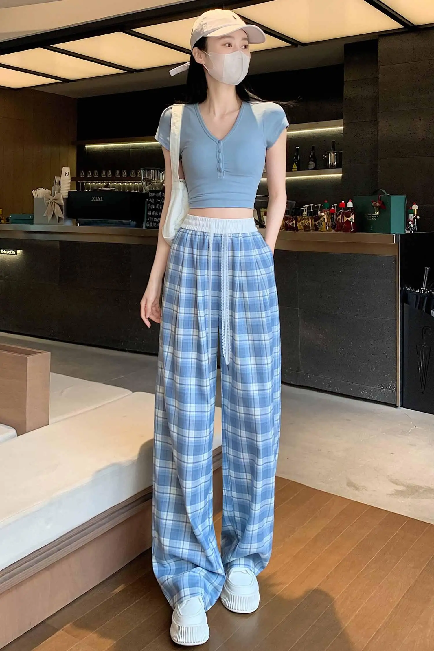 Woman Summer Plaid Pants Women Lace Drawstring Wide Leg Trousers Female Casual High Waist Checkered Pants P13