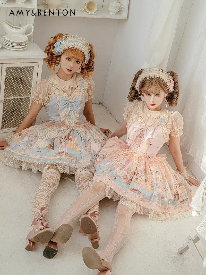 Japanese Elegant Lolita Cute Sweet Ballet Style Princess Evening dresses Sweet Bowknot Strapless Slim Mini Dress JSK Puff Dress