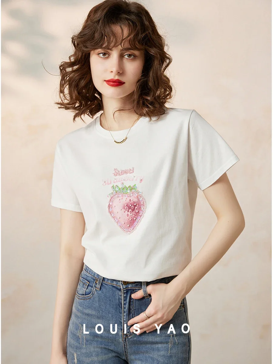 LOUIS YAO Fashion Printed T Shirts for Women 2024 Summer 100% Cotton Top Loose Straight Round Neck Short Sleeve Bead Tee