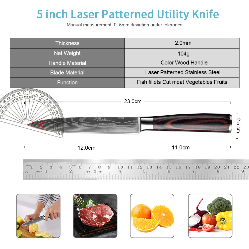 Utility Knife 5 Inch,Sharp Small Kitchen Knife Damascus lasers Pattern Paring knife Sushi Knife for Home Cooking Meat Cutting