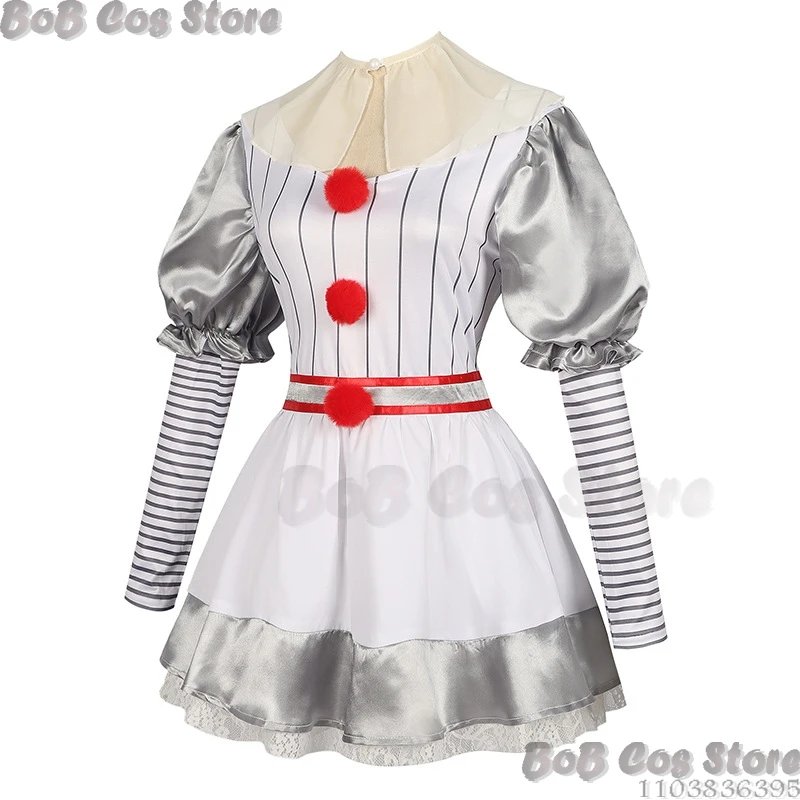 Déguisement de Clown Tueur Effrayant pour Femme, Robe Blanche, Tenue de Carnaval, Accessoire de ixd'Halloween