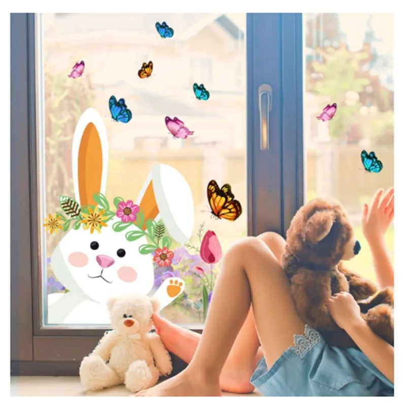 

27x30cm Electrostatic Easter Window Stickers Double Sided Cartoon Rabbit Butterfly Decals Glass Wall Stickers Home Window Decor