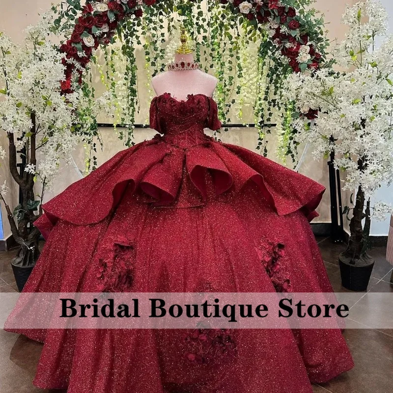 

Burgundy Sparkly Red Wine Princess Quinceanera Dress Flower Appliques Crystals Vestidos De 15 Años Corset 16th Birthday Party