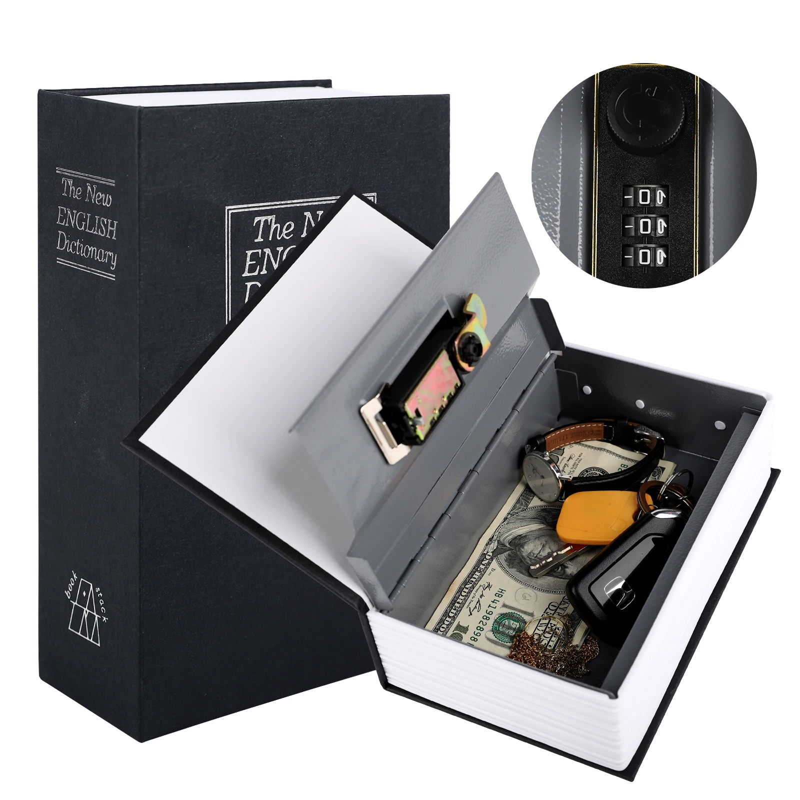 Diversion Book Safe Secret Storage Box, Fake Book with Combination Lock, Black Key Hider Book Safe Can for Money, Valuables