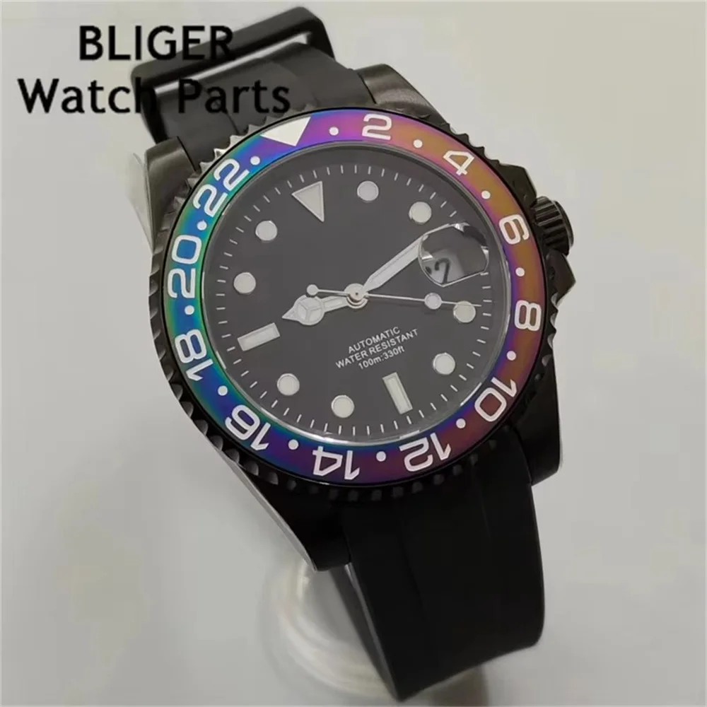 BLIGER 40mm NH35A Automatic Men Watch Black Watch Sapphire Glass Screw Crown Green Luminous Rubber Bracelet