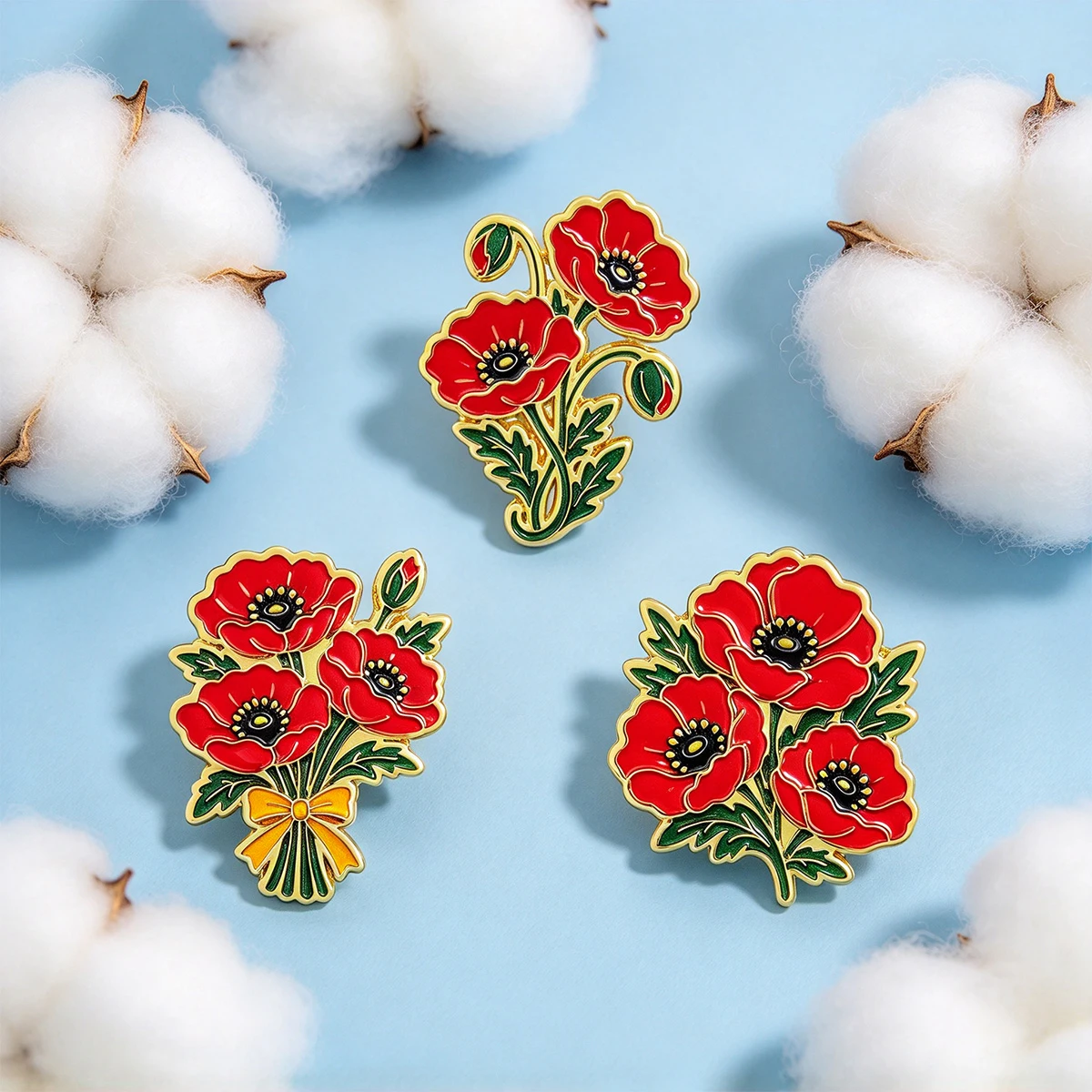 4PCS Red Poppy Flower Brooch Set Vintage Floral Enamel Pin Botanical Badge Elegant Bouquet Lapel Pin Jewelry Gift for Women