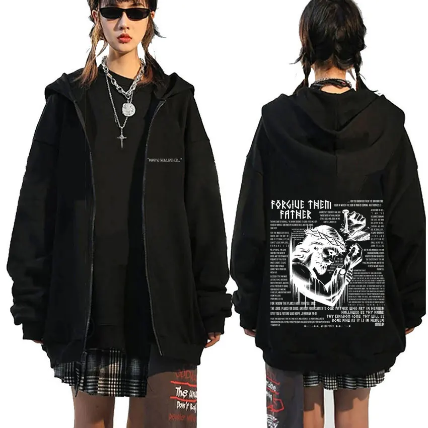

Vintage Christian Religious Jesus Forgive Them Father Zipper Hoodie Men Women 90s Gothic Rock Oversized Zip Up Jacket Streetwear