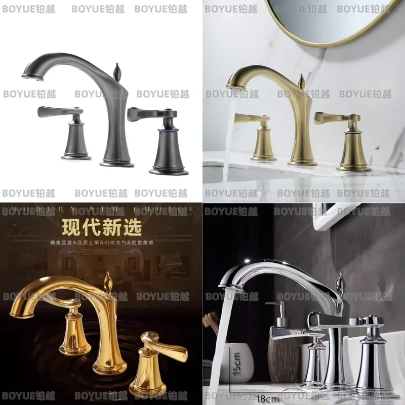 Gun Gray 3 Hole Basin Faucet Hot Cold Split All Copper Mixer Tap for Bathroom Sink Deck Mounted Water Valve