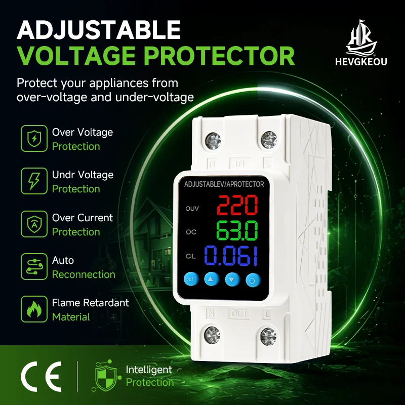 HEVGKEOU Adjustable Voltage & Current Protector – Digital Display for V/I/P, Custom Overload Settings, One-Button Control