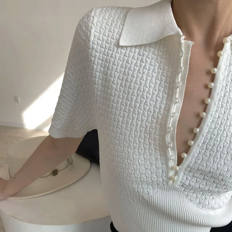 Knitted T-shirts for Women Solid Slim Fit Casual Cozy Beading Design Summer Short-sleeve All-match Korean Style Fashion Newly