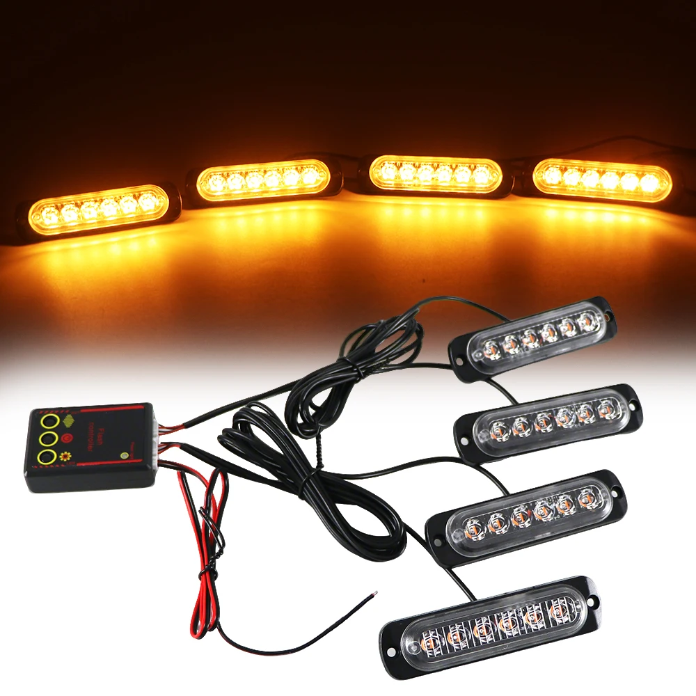 

4 in 1 Car Front Grille Lighting Police LED Emergency Strobe Warning Lights Fireman Flash Beacon Signal Lamp Yellow White 12V