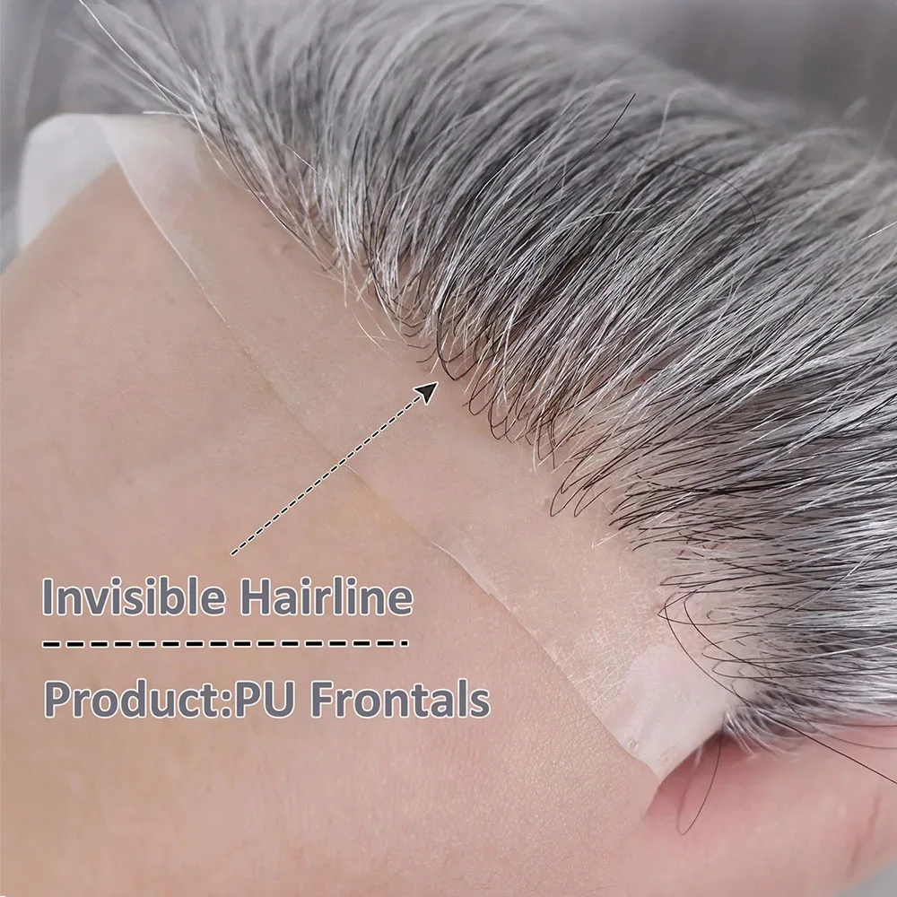 Grey Black Brown Frontal Hairline Toupee for Men Human Hair Forehead Toupee V Loop Ultra Thin Skin PU Natural Hairline Patch