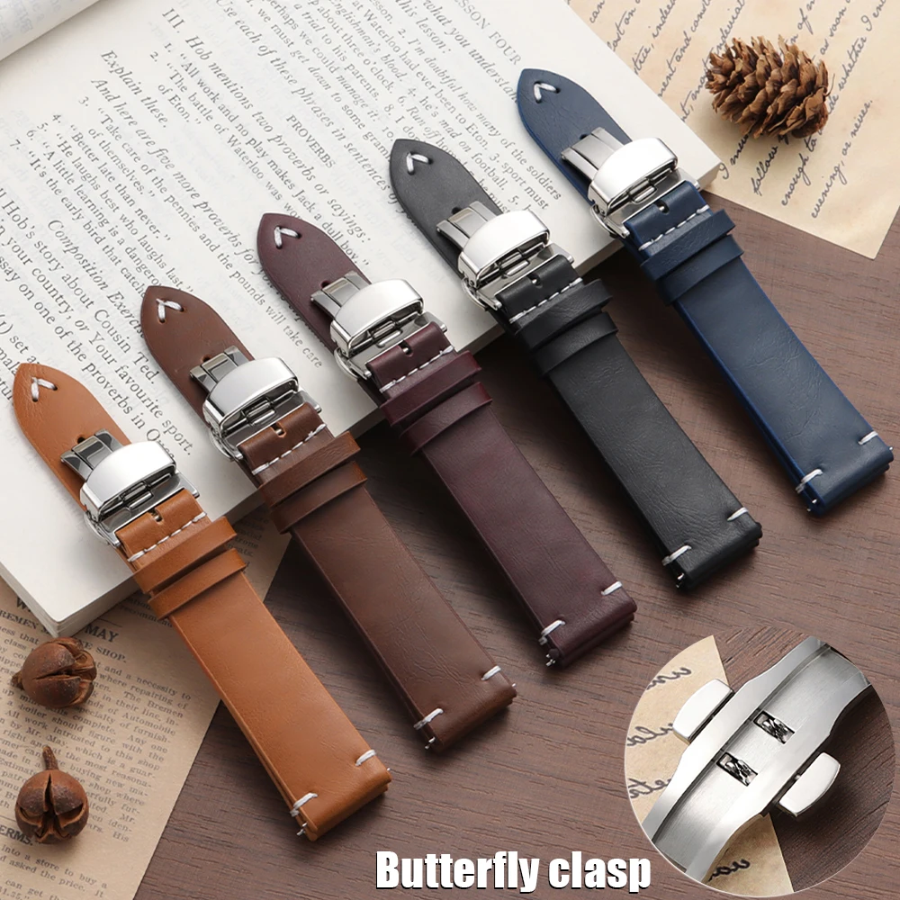 Bracelet en cuir de vachette à dégagement rapide pour Omega 18 20 22 mm, bracelet de montre vintage en cuir pour Seiko avec boucle papillon