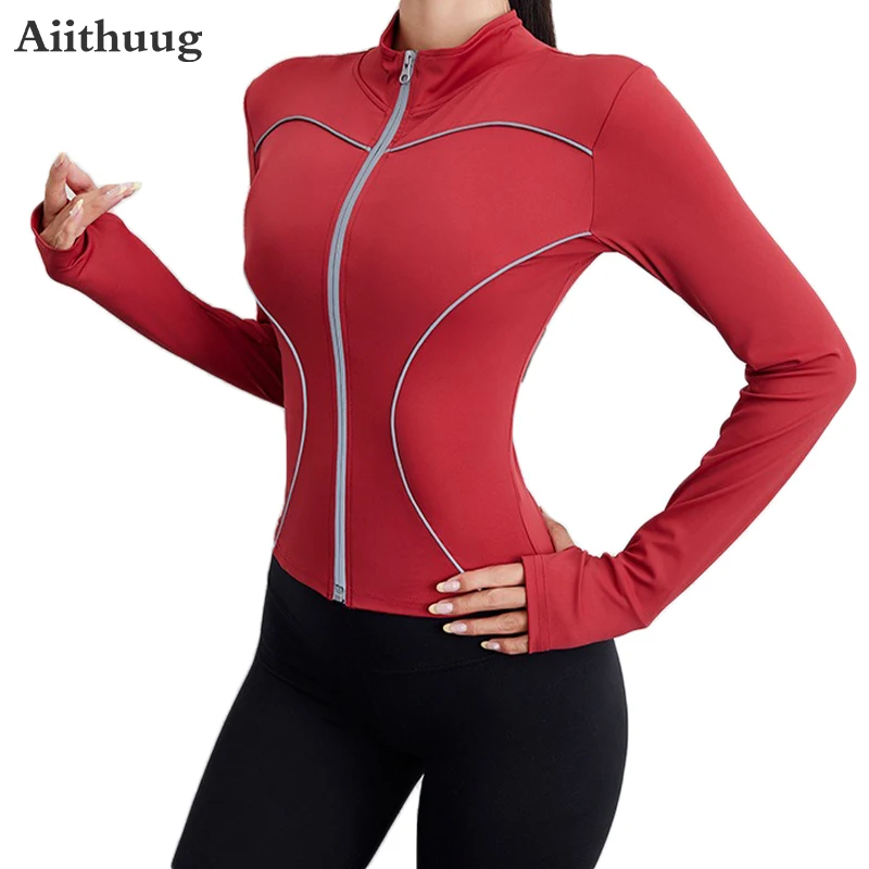 

Aiithuug Thumbholes Stand-up Collar Yoga Sweatwear Women's Full Zipper Reflective Strip Coat Slimming Breathable Fitness Jackets