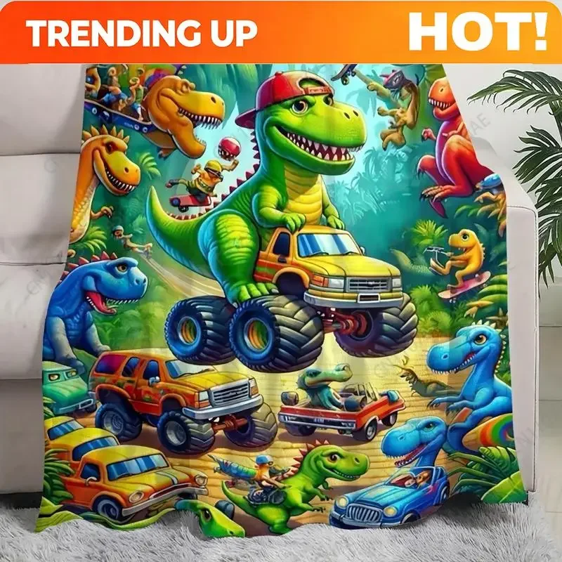Custom Soft Funny Throw Blanket Vibrant Cartoon Dinosaur Design,Comfortable Dinosaur Truck Flange Velvet Blanket,Perfect For Nap