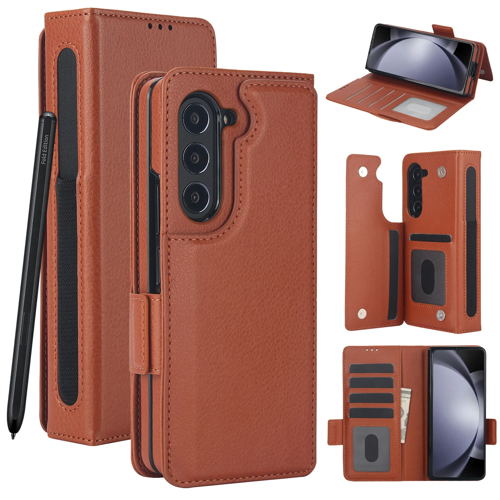 For Samsung Galaxy Z Fold 6 5 4 3 Case Matte Plain Leather  Card Packet with Pen Slot Fliping Bracket Shockproof Cover Accessory