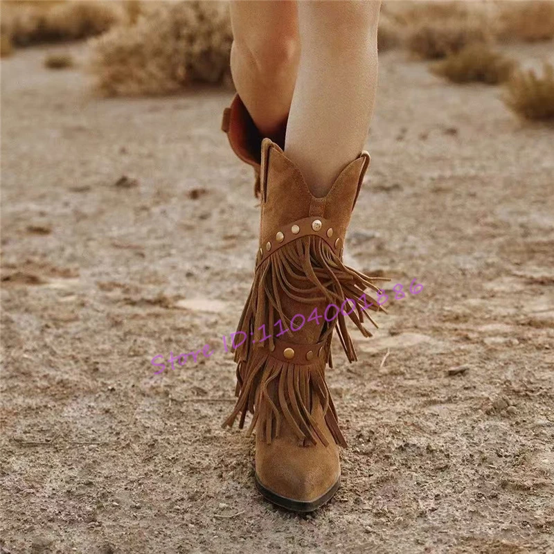 

Spring Autumn New Tassel Western Cowboy Boots Suede Leather Rivet Strap Pointed Toe Thick Heel Short Boots Fashion Women Shoes