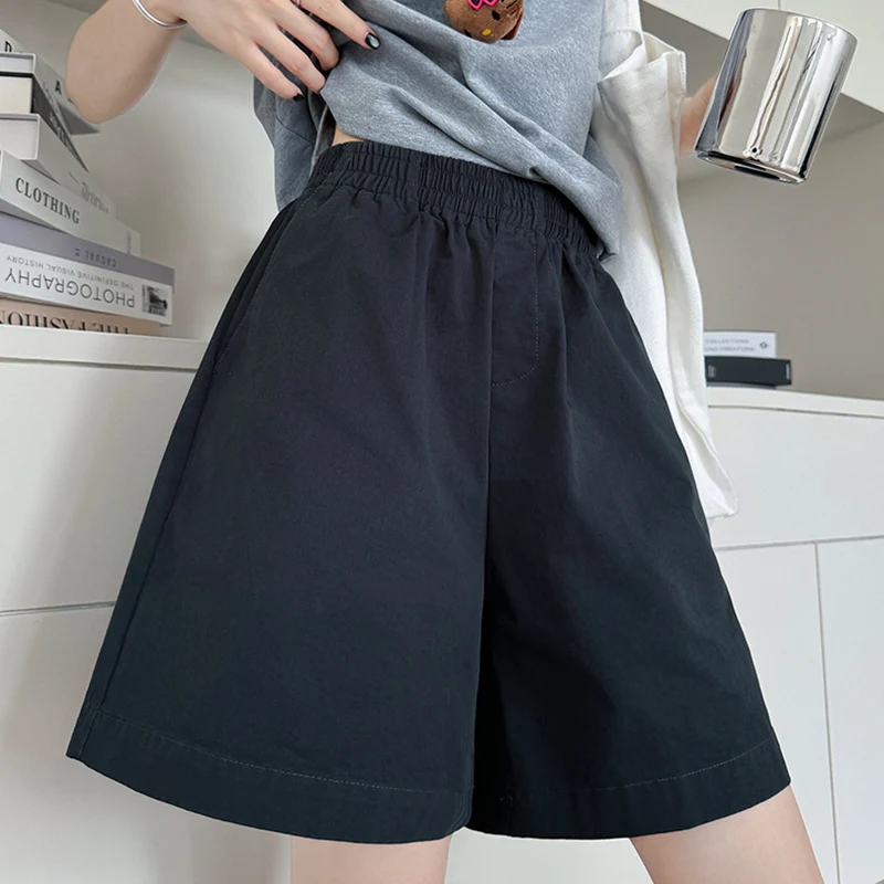 All Match High Waist Wide Leg Shorts Women Summer Solid Color Pocket Elastic Waisted Shorts Woman 2025 Korean Short Pants Female