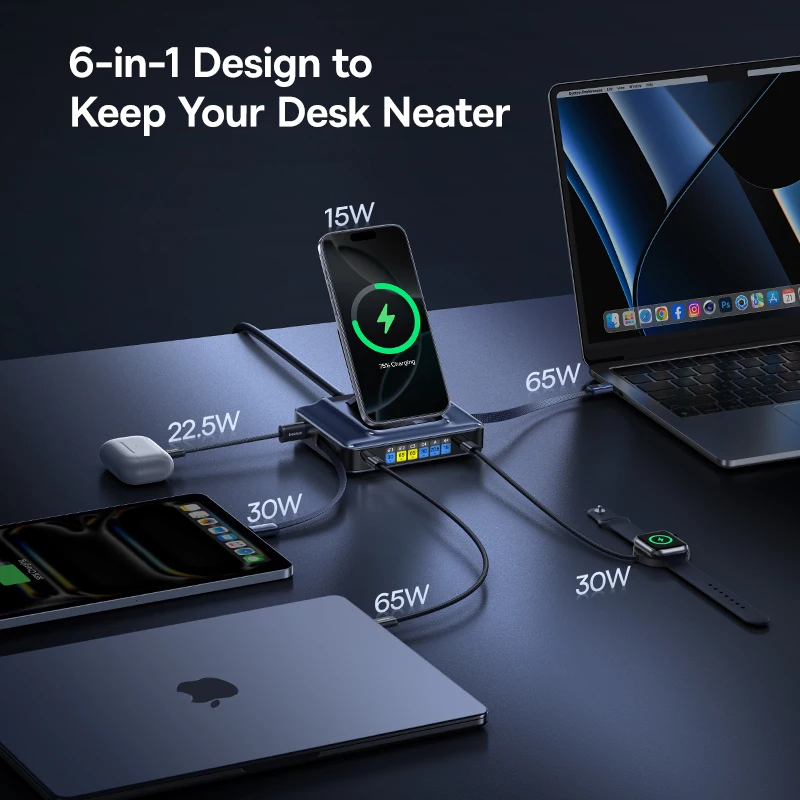 베이스어스 245W 데스크탑 충전기 태블릿 고속 충전기 Qi2 무선 충전기 리트랙터블 케이블 USB C 폰 충전기 아이폰 17 삼성용