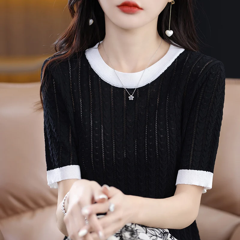 Women's T-shirt Spring/Summer Worsted Knitwear Casual Splicing Ladies' Tops Loose Round Neck Blouse Pullover Hollow Tees