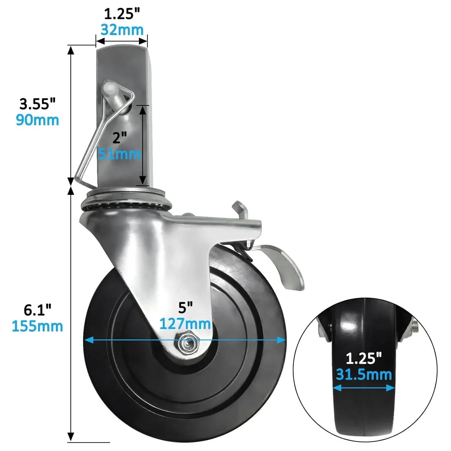 Inch Scaffolding Casters Wheels, Set of 4 Scaffold Caster with Dual Locking Brakes, Heavy Duty Rubber Casters Square 1.25