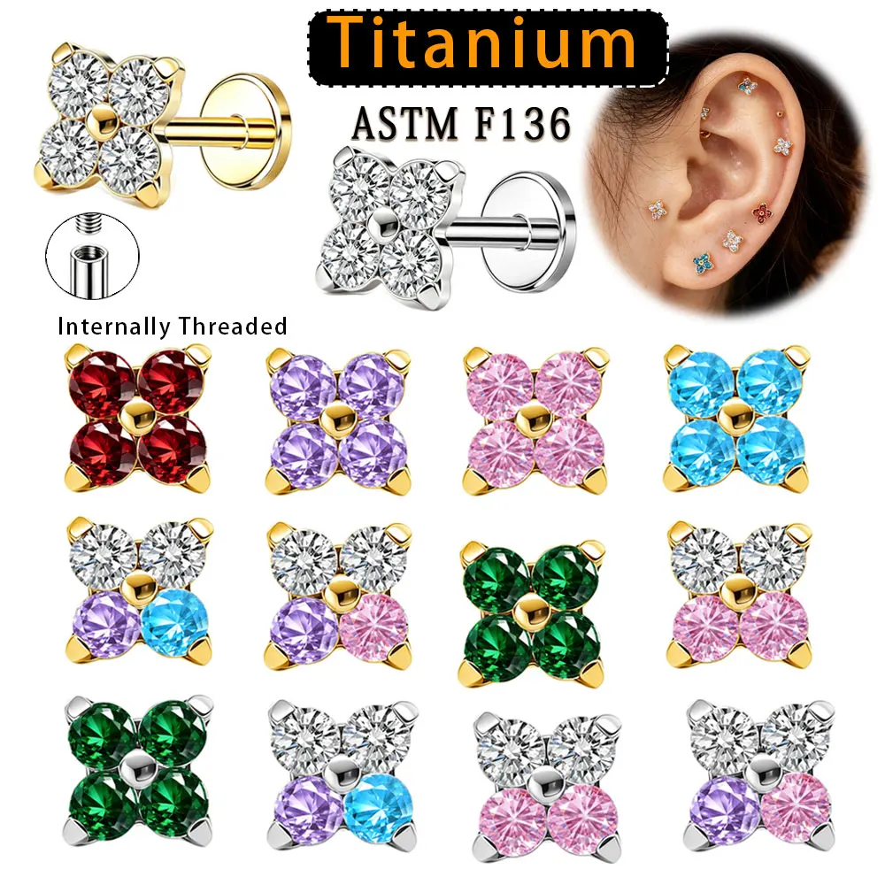 20PCS/LOT ASTM F136 Titanium Piercing Stud Internal Thread Hypoallergenic Flat Back Earring For Cartilage Tragus Lip Labret Body