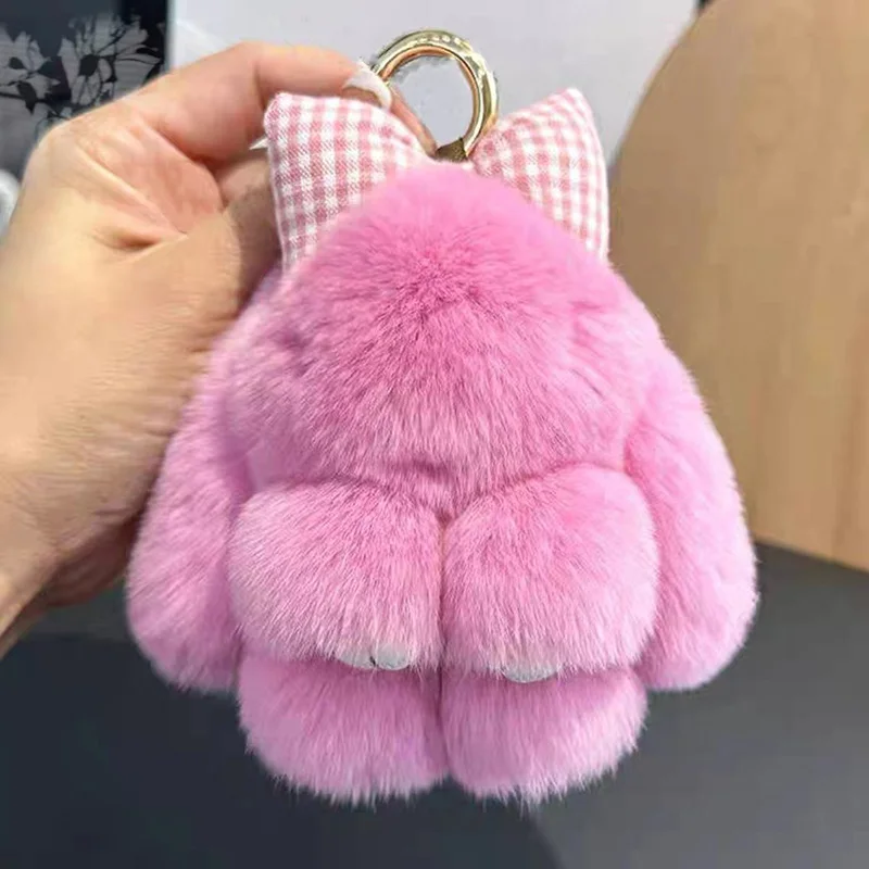 Bonito real lontra coelho com bowknot pequeno coelho carro chaveiro pingente brinquedo de pelúcia mochila decoração