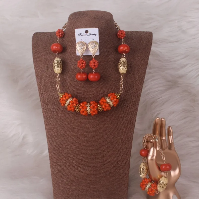 Newest African Necklaces Jewelry Set Nigerian Crystal Beaded Balls & Artificail Coral Bracelet  Earrings