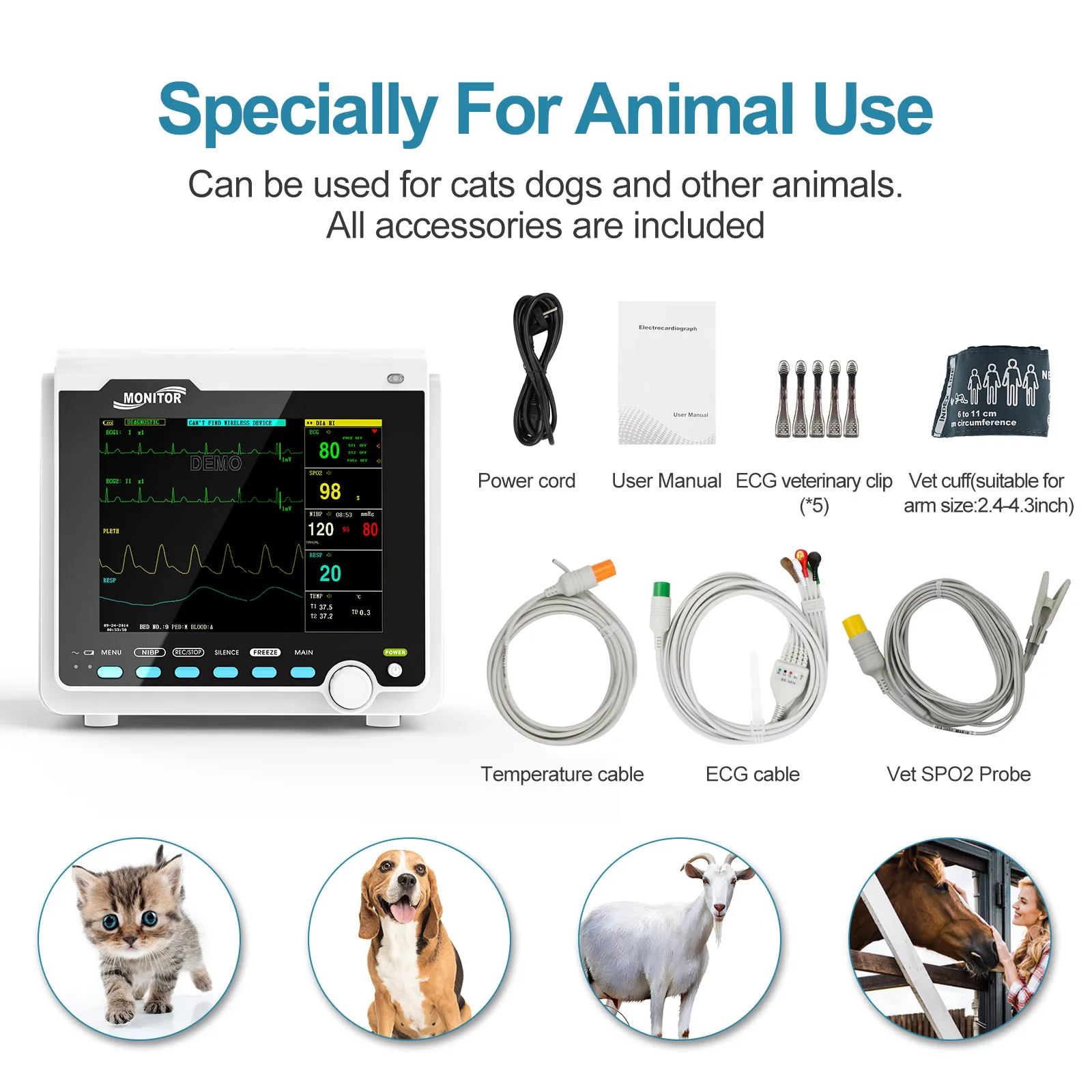 CONTEC-Monitor veterinário portátil do paciente do veterinário, monitor do sinal vital, impressora e opção do Etco2, ECG, NIBP, RESP, SPO2, PR, TEMP, 8"