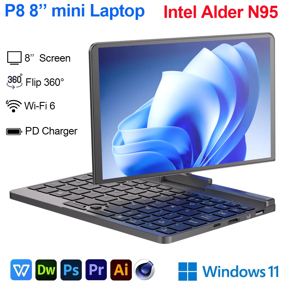 Mini Laptop P8 con Pantalla Táctil de 8 Pulgadas, Intel Alder N95, 12G LPDDR5, 2TB Máx., 3200MHz, 2 en 1, Portátil y Tablet, Gira 360° ° WiFi6 BT5.2