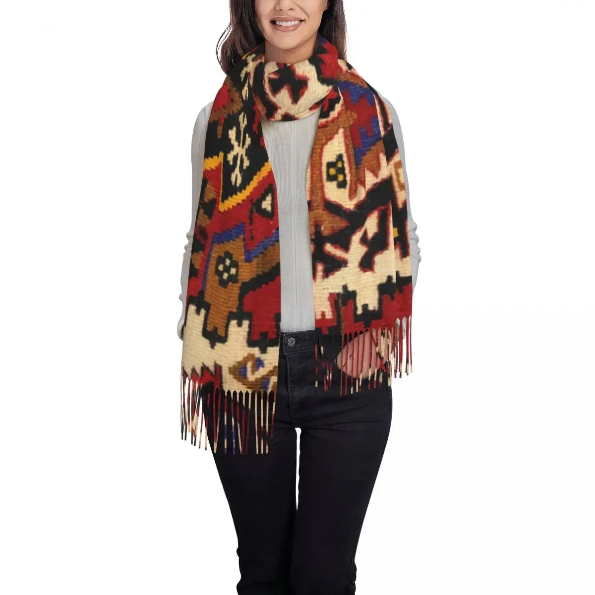 Retro Boho Turkish Kilim Navaho Weave Woven Textile Tassel Scarf Women Soft Persian Tribal Art Shawl Wrap Ladies Winter Scarves