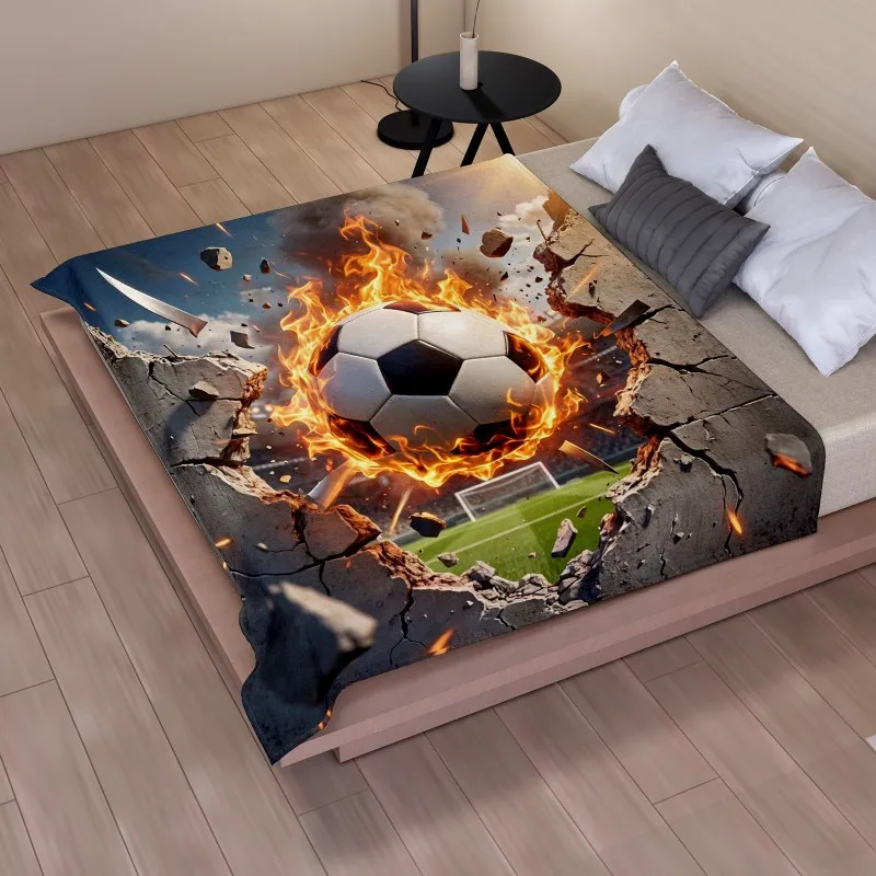 Soccer Fire Cracked Wall Print Flannel Blanket, Soft Warm Throw Blanket for Sofa Bedroom Office Nap Gift
