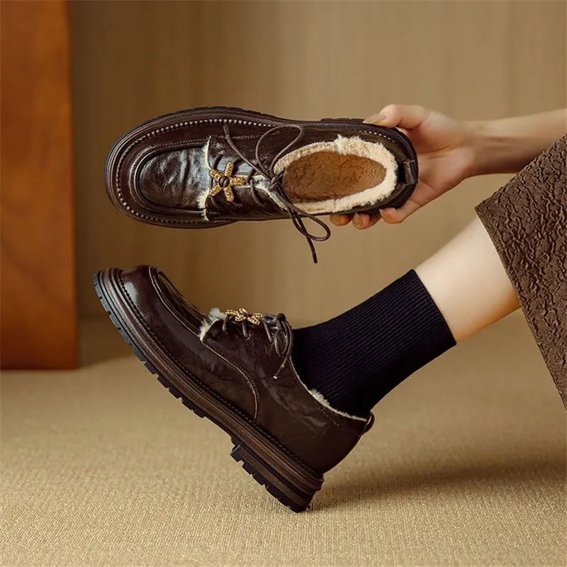 New Spring Autumn Genuine Leather Women Pumps Shoes for Women Fashion Round Toe Lace Loafers Shoes Zaptos Mujer Deep Mouth Shoes - Image 5