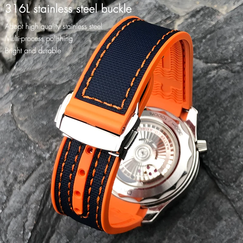 Rubber Nylon Silicone Watchband for Omega GMT Planet Ocean Seamaster Diver 300 Curved End 19mm 20mm 21mm 22mm Orange Watch Strap