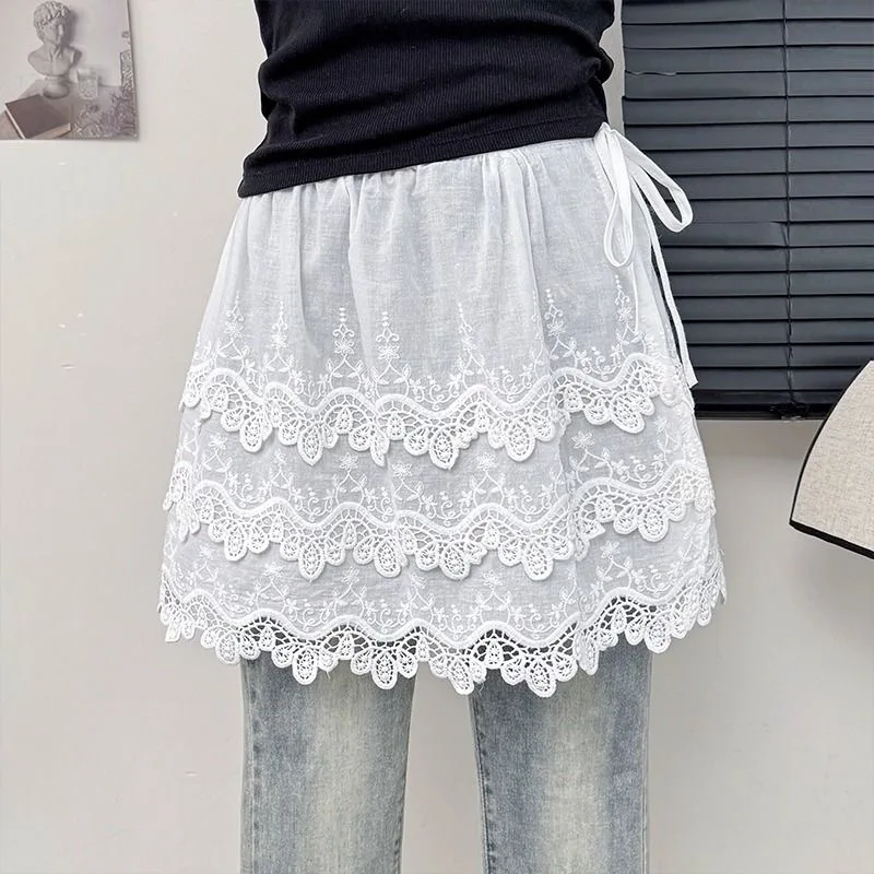 Women's Thin Sheer White Lace Skirt Korean Style Fashion Cover-Up Skirt With Strap Boho A-line Short Mini Skirt One Layer