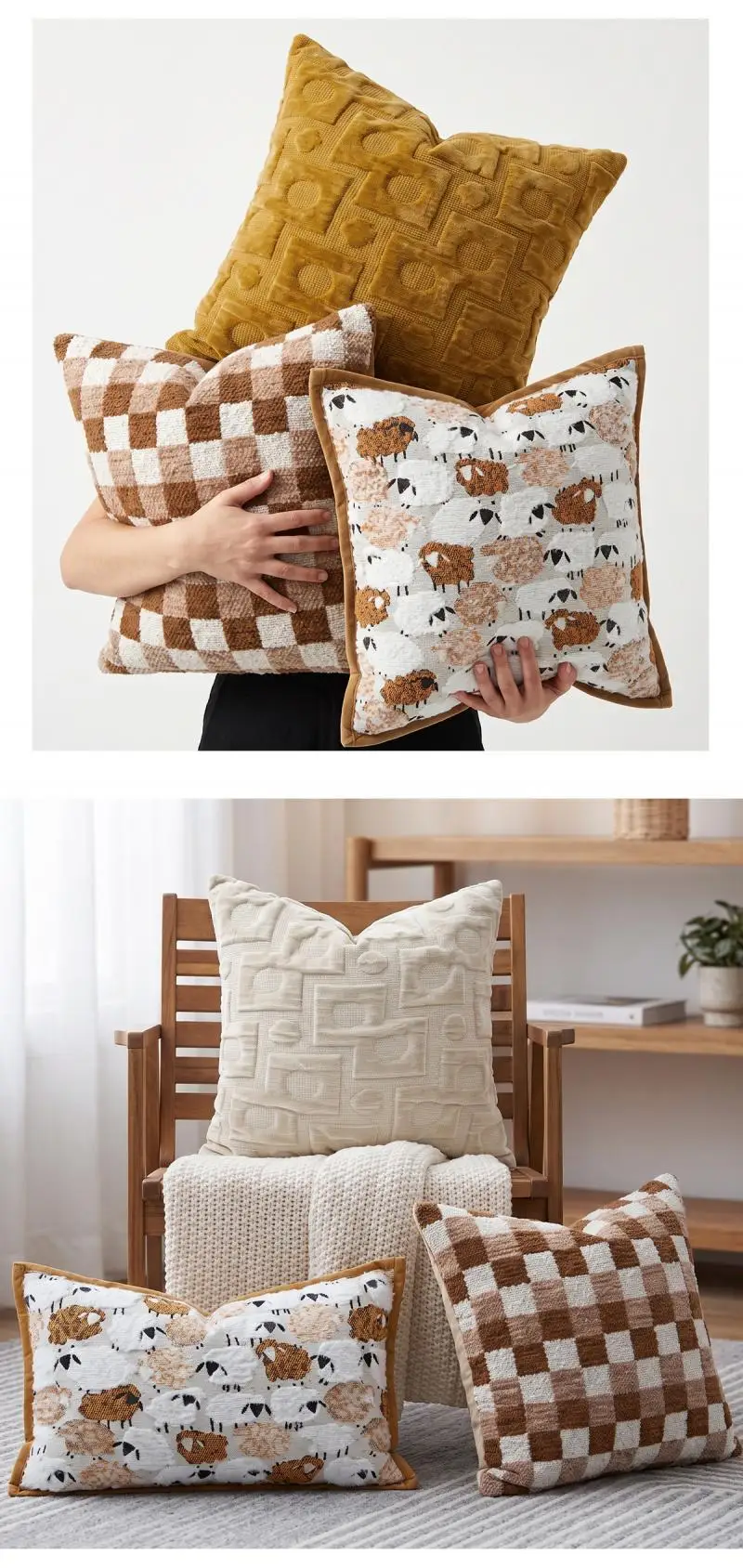 Karamellfarbener Sofakissenbezug, einfarbig, kariert, Jacquard, dekorative Kissenbezüge für das Bett, Kopfteil-Kissenbezüge – Detail 7