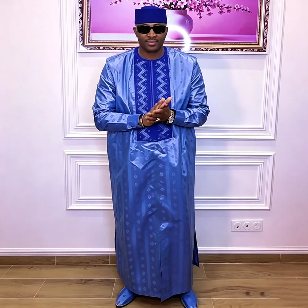 African Clothes for Men 3 PCS Set Dashiki Tradition Outfit Robe Embroidery Tops Pants Suits Bazin Muslim Wedding Party Clothing