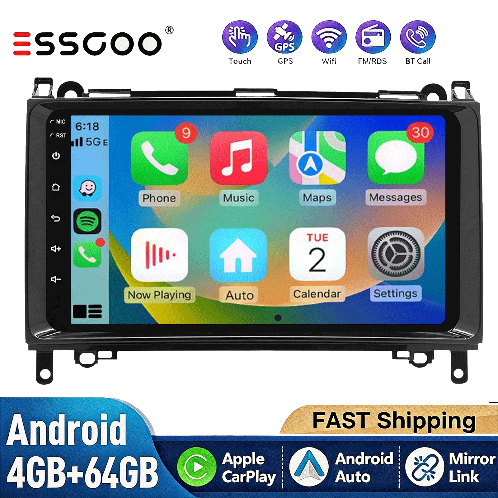 ESSGOO 9-Zoll Autoradio für Mercedes Benz W169 W245 B200 W906 Sprinter W639 Vito Volkswagen Crafter 2006 - 2016, Android 15 Kabelloses Apple CarPlay, Auto IPS-Bildschirm,