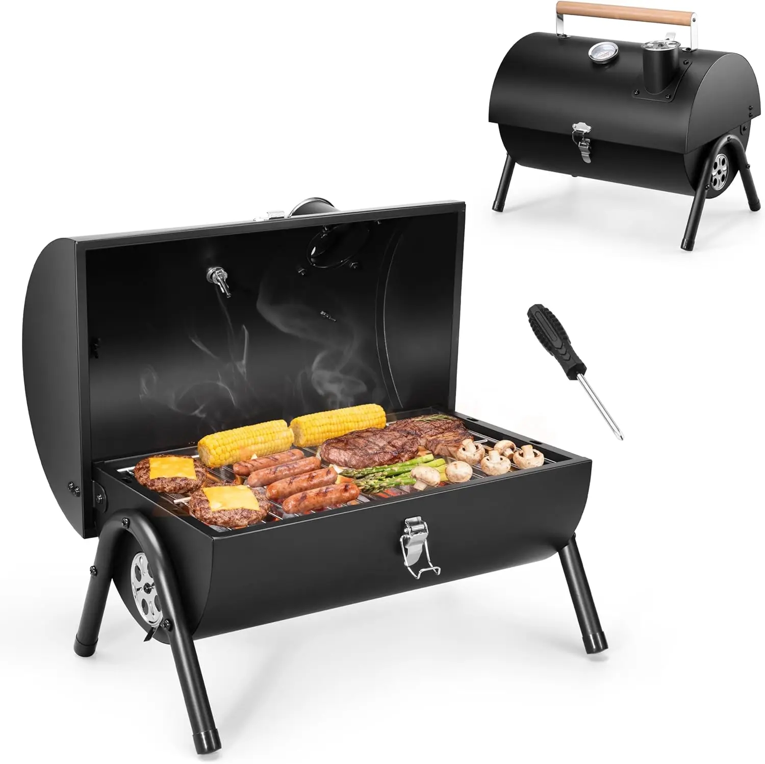 

Portable Charcoal Grill with Thermometer, Small Tabletop becue Grill Smoker for Outdoor Camping Backyard Beach BBQ,