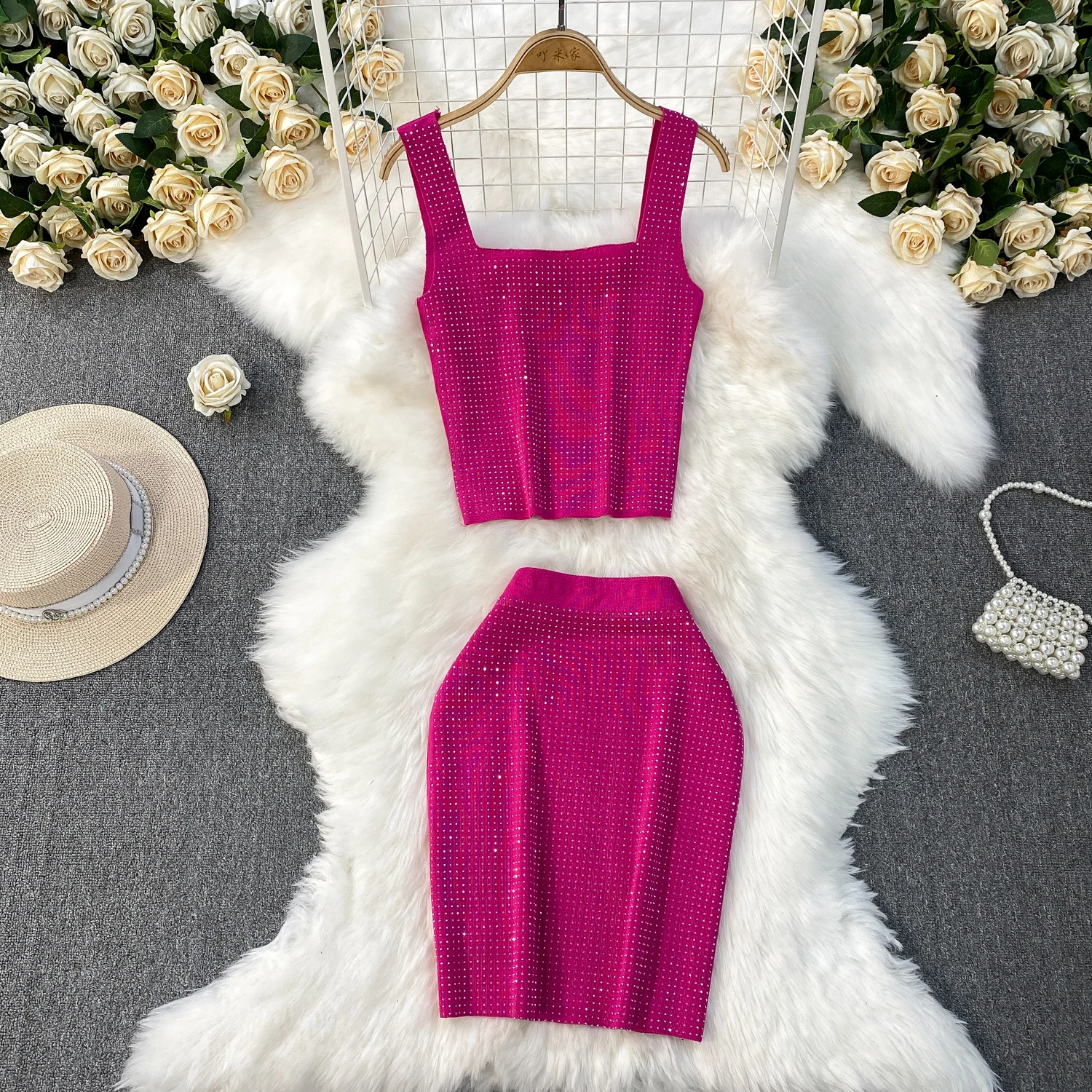 여름 여성 라인스톤 니트 슈트 스퀘어넥 캐미솔 슬림핏 스커트 투피스 세트 미국 캐주얼 패션 파티 여성 세트